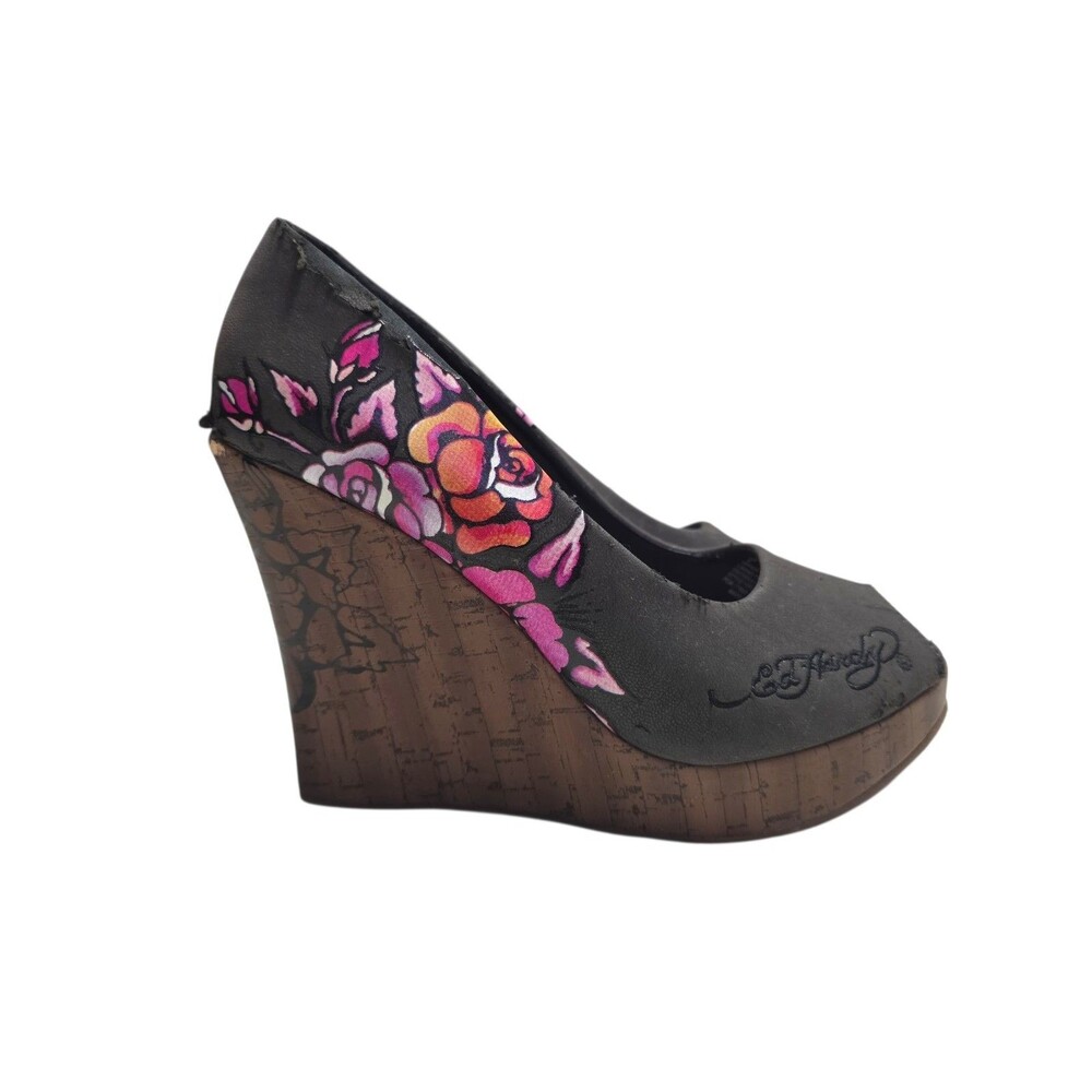 Y2K Ed Hardy "Coralie" brown floral cork wedge peep-toe heels Sz 8 Rare